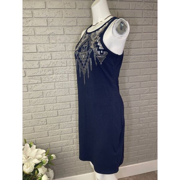 Express Women Navy Blue Aztec Sequin Bodycon Dress Size L - Picture 5 of 9